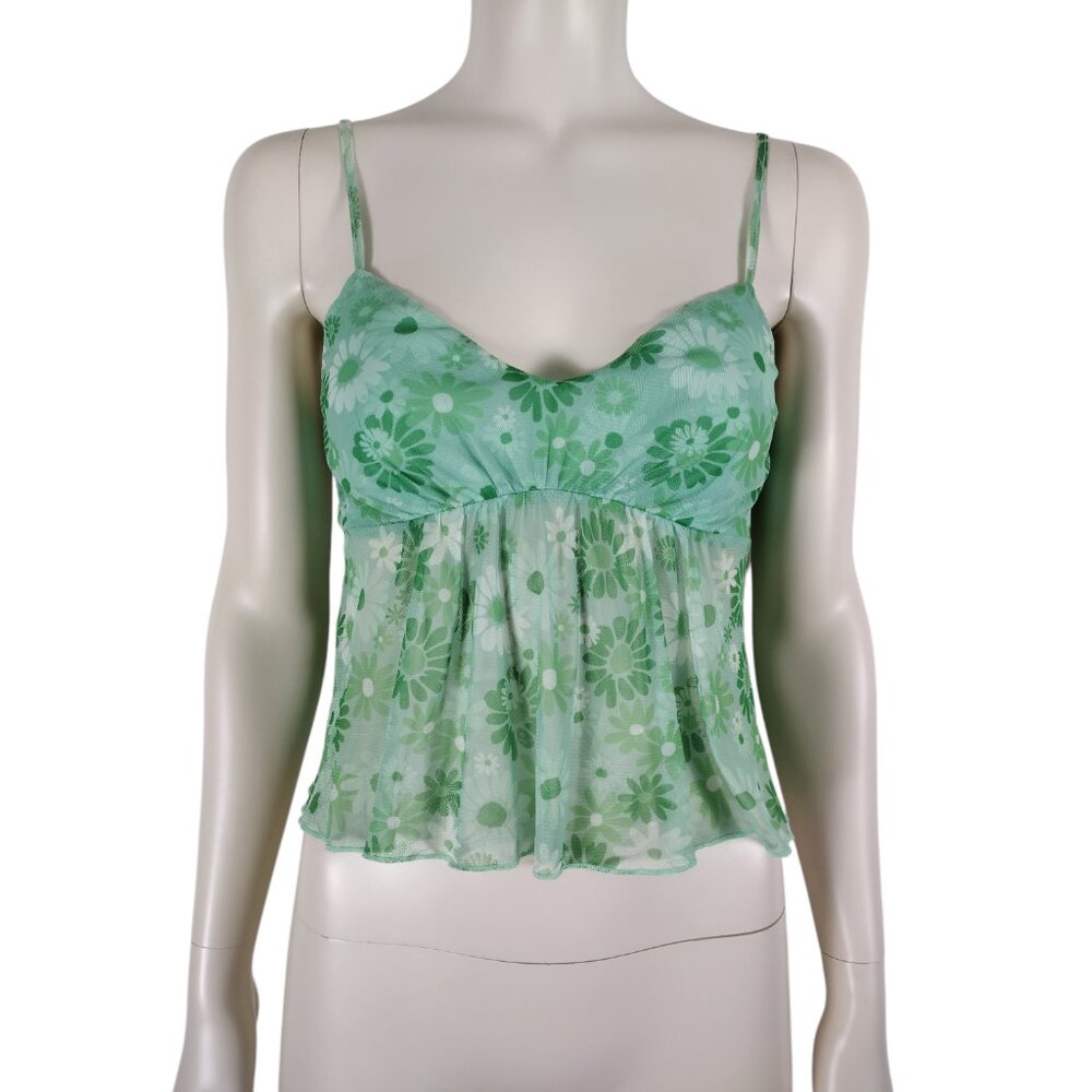 Vintage 1990s Green Floral Sweetheart Neck Spaghetti Strap Crop Top Size S